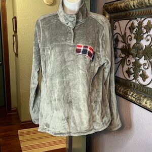 EUC Kori Grey Velour Pullover with plaid trim Sz S